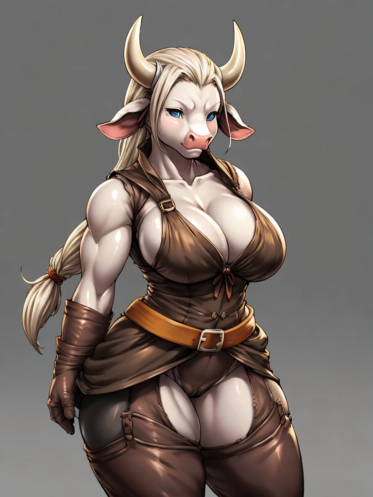 ((cow)), furry female anthro,cow woman,HD,sharp,beautiful and detailed,woman ((anthro)),1girl,Milf, mature woman,white skin,(look at viewer) ,by dr comet,by pochincoff, by jlullaby,by kingbang,by obui,by ZeroQrisu,by sparrow,by gmeen,thief, farmer,((farmer outfit)),sad,standing,lghngcw,((simple background)),(gray background,)