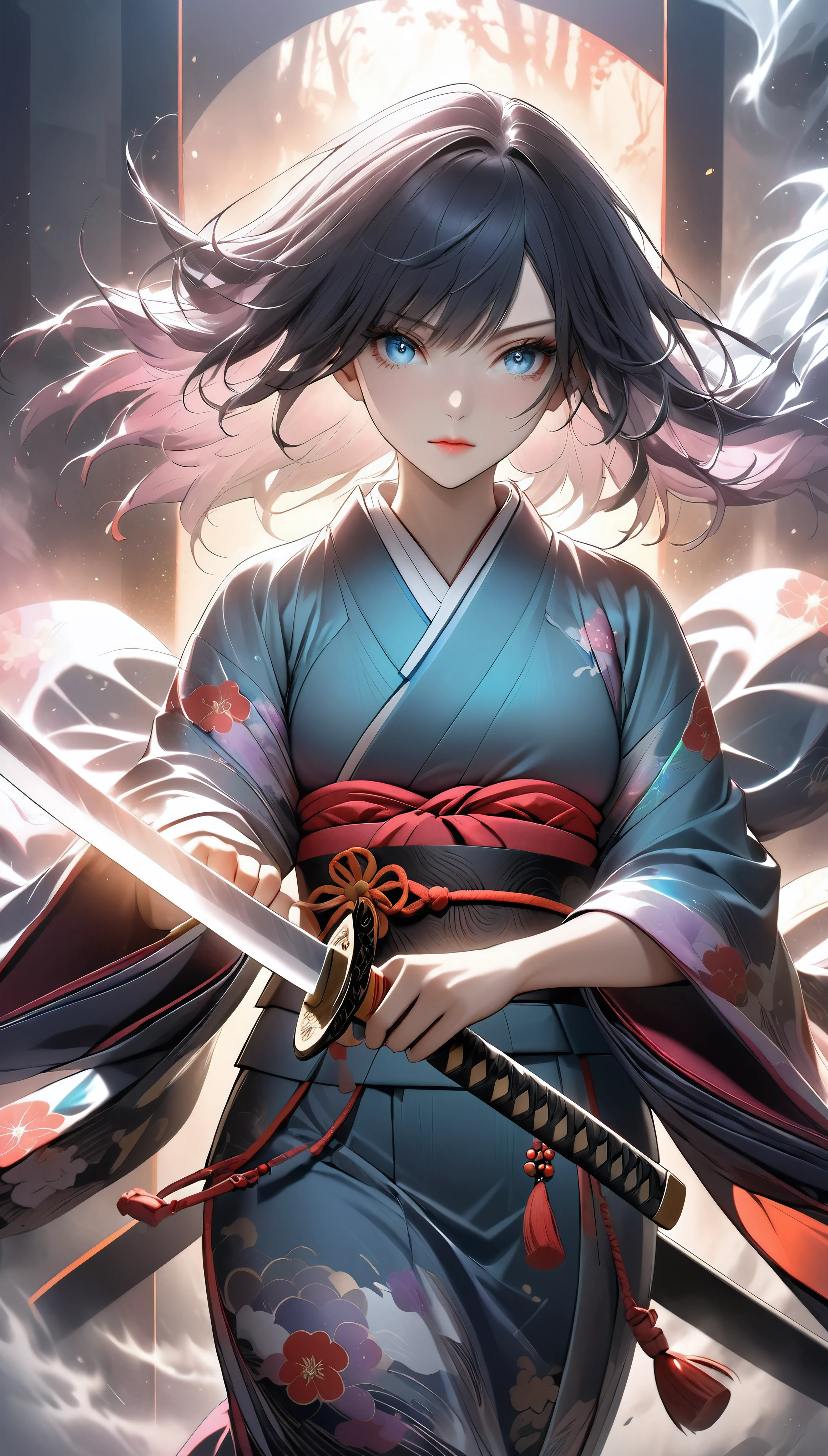 The enigmatic samurai woman (Musashi Miyamoto) wielding a long Japanese sword, Splitting with each powerful slash、Enveloped in the mist that obscures vision, Revealing a vivid and otherworldly scene, The clarity of the sword's slash against the hazy background, Mysterious Background, The fox's sharp gaze meets the viewer's, A layer of ethereal mist shrouding the foreground, Piercing, clear eyes, An exquisite and detailed kimono, Dramatic lighting and colors