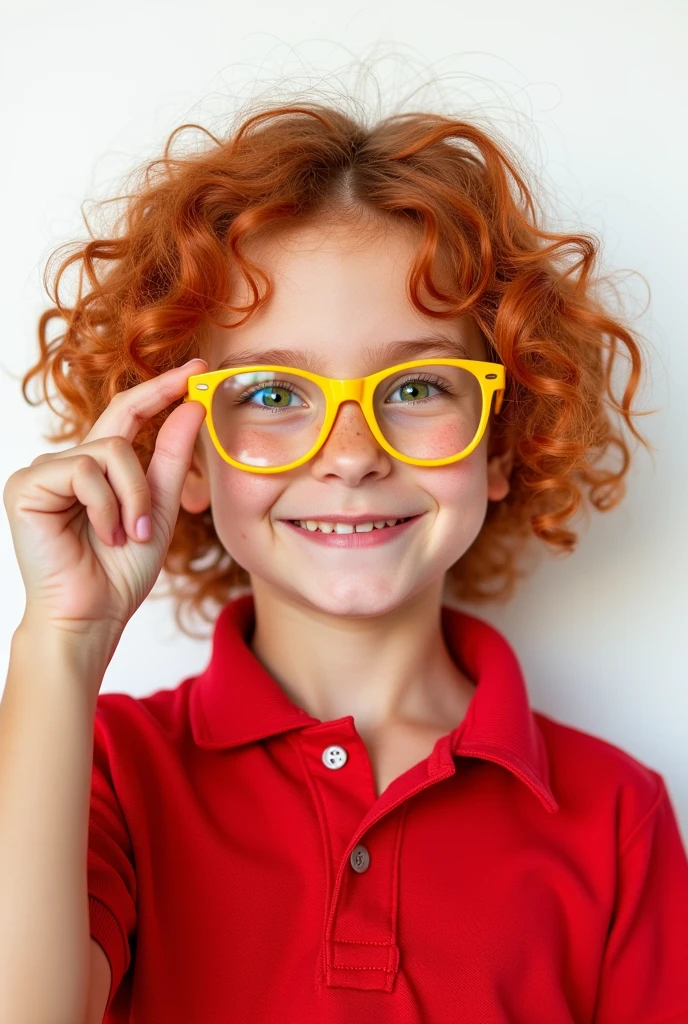 photorealistic, half-length portrait, a charming smiling girl, green eyes, red curly hair, freckles. wearing yellow round glasses, with a finger of the right hand touching the glasses, red polo shirt, white background, high resolution, intricate details, 8k