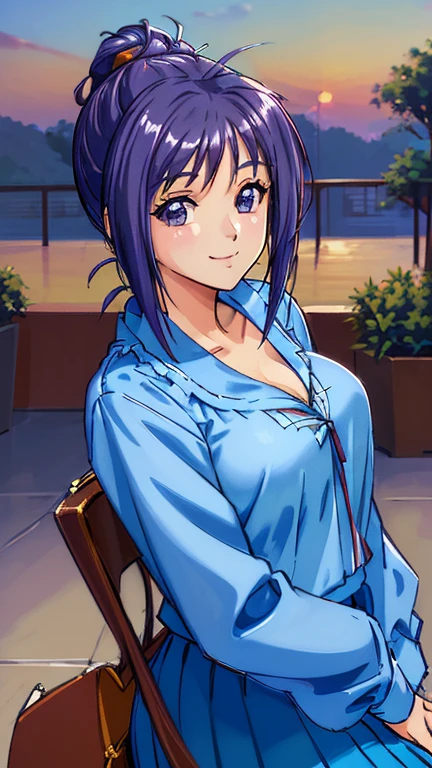 ((masterpiece, Highest quality, Highest quality, Official Art, beautifully、beautiful:1.2)),((masterpiece)),((Vibrant colors)),((Ayako Katagiri)),((幸せそうなsmile)),((smile)),((looks fun)),(Cafe Terrace),(Beautiful breasts),(((Side bust))),(sunset)