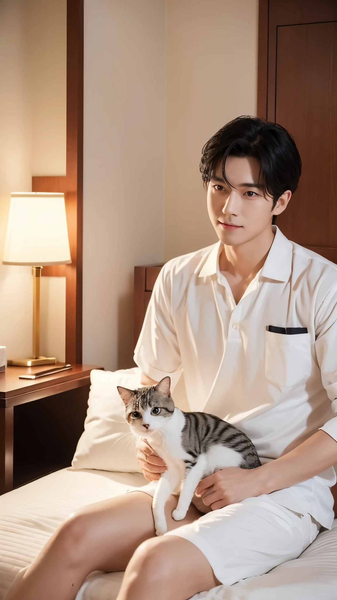 A hotel-like room with a white base。Attractive man sitting、Playing with a cat。Men３０generation、Korean、Black Hair、Short Hair、Looks like a Korean actor。