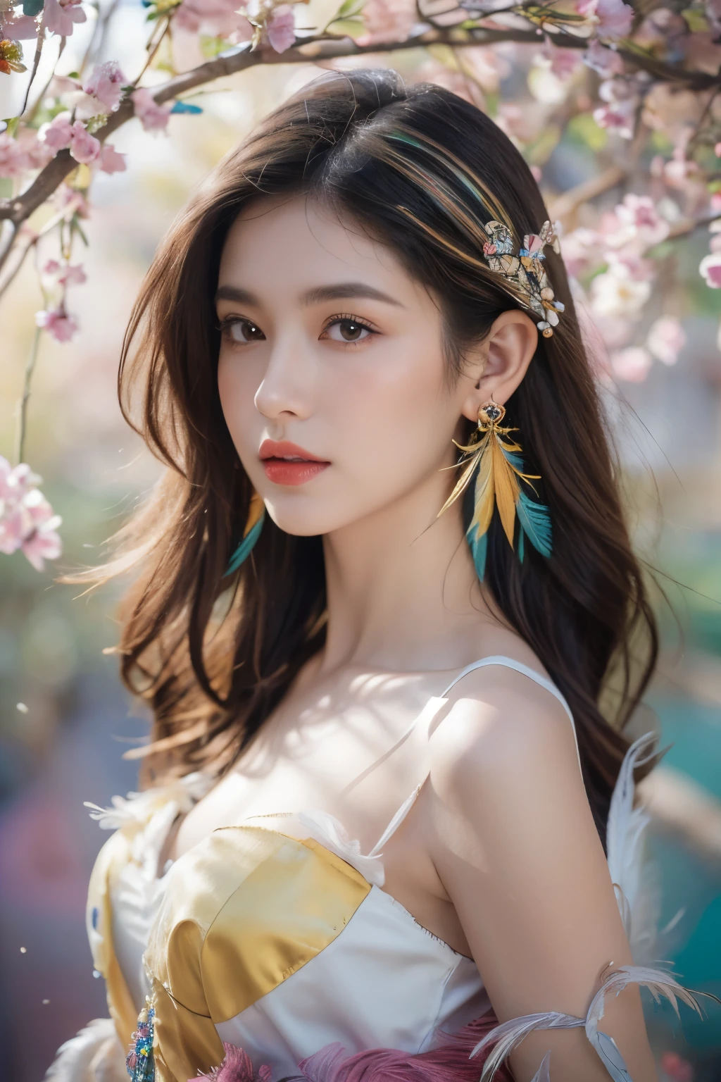 A girl with small breasts, bare shoulders, golden hair, colored feathers, metal ornaments, colored flowers, particles, light rays, (masterpiece, top quality, best quality, official art, beautiful and aesthetic:1.2), (1girl:1.3), extremely detailed,(fractal art:1.1),(colorful:1.1)(flowers:1.3),highest detailed,(zentangle:1.2), (dynamic pose), (abstract background:1.3), (shiny skin), (many colors :1.4), ,(earrings:1.4), (feathers:1.4)