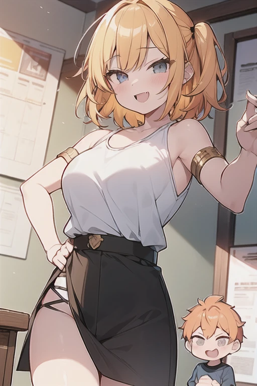 1 Cute naughty martial artist, Pastel colors hair, (Excessively overwhelmingly gigantic huge breasts:1.7, Thighs:1.2, thick legs:1.2, curvy:1.2), yellow orange hair, (undercut:2.0, short two side up:1.4, medium hair:1.8), (naked:1.4), standard height, (blush:1.2, fang:1.2, ;d), at the adventurer's guild, A bulletin board with posted paper, fighting stance