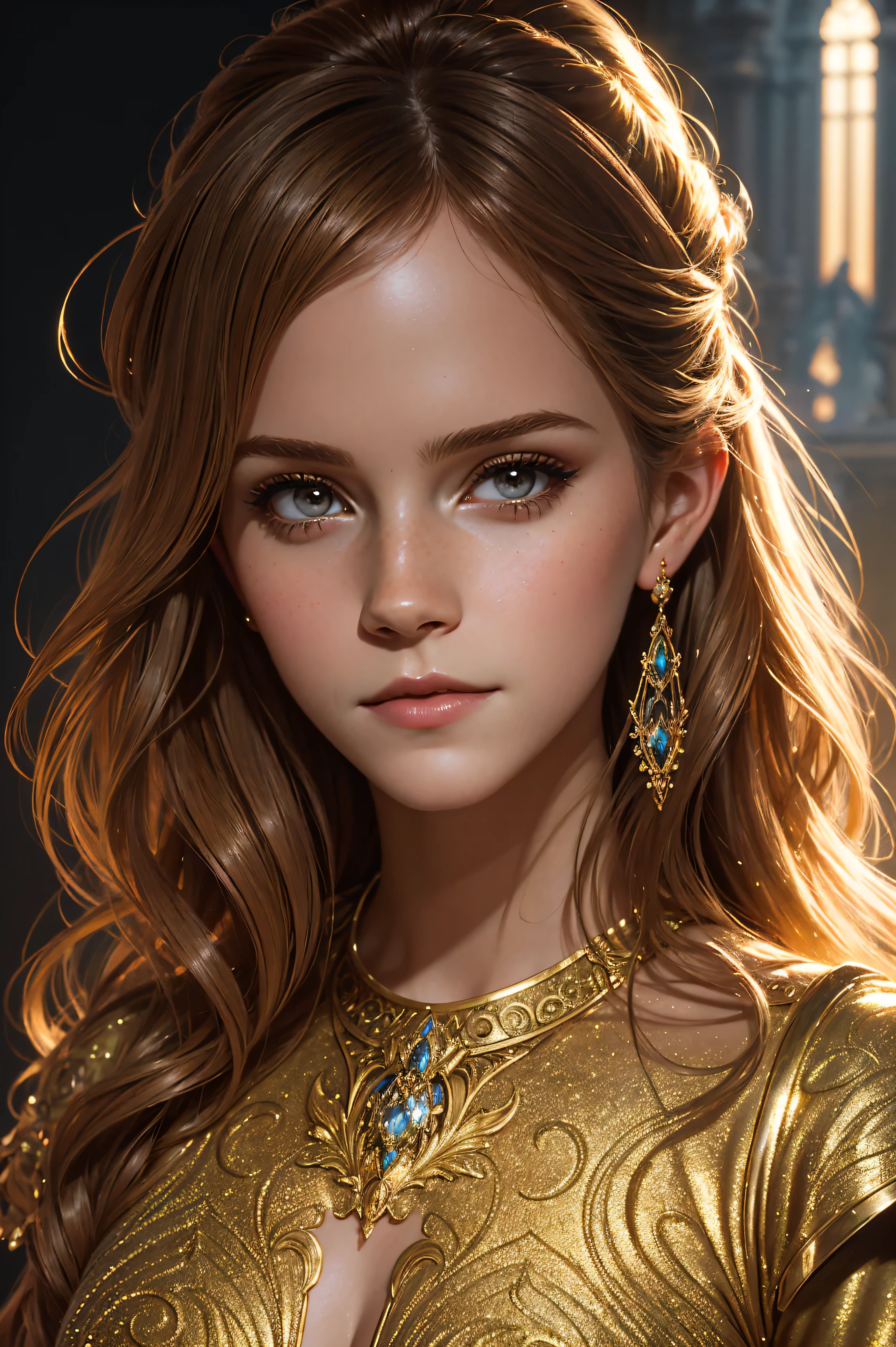 portrait Emma Watson, wearing sexy Cinderella costume, against the background of the Disney castle, character portrait, 6 0 3 0 s, wavy hair, intricate, elegant, highly detailed, digital painting, artstation, concept art, smooth, sharp focus, illustration, art by thomas kindkade, charlie bowater, artgerm, greg rutkowski, alphonse mucha and alexandra fomina, 36k, glittering, shining