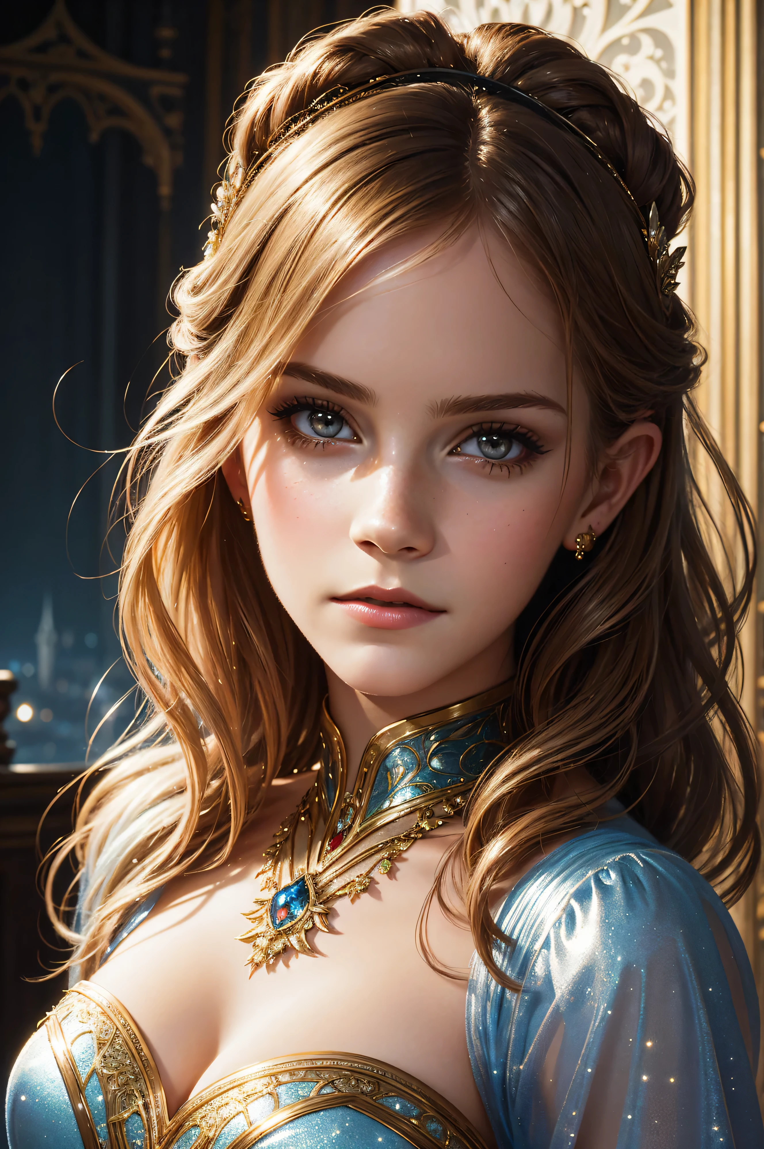 portrait Emma Watson, wearing sexy Cinderella costume, against the background of the Disney castle, character portrait, 6 0 3 0 s, wavy hair, intricate, elegant, highly detailed, digital painting, artstation, concept art, smooth, sharp focus, illustration, art by thomas kindkade, charlie bowater, artgerm, greg rutkowski, alphonse mucha and alexandra fomina, 36k, glittering, shining