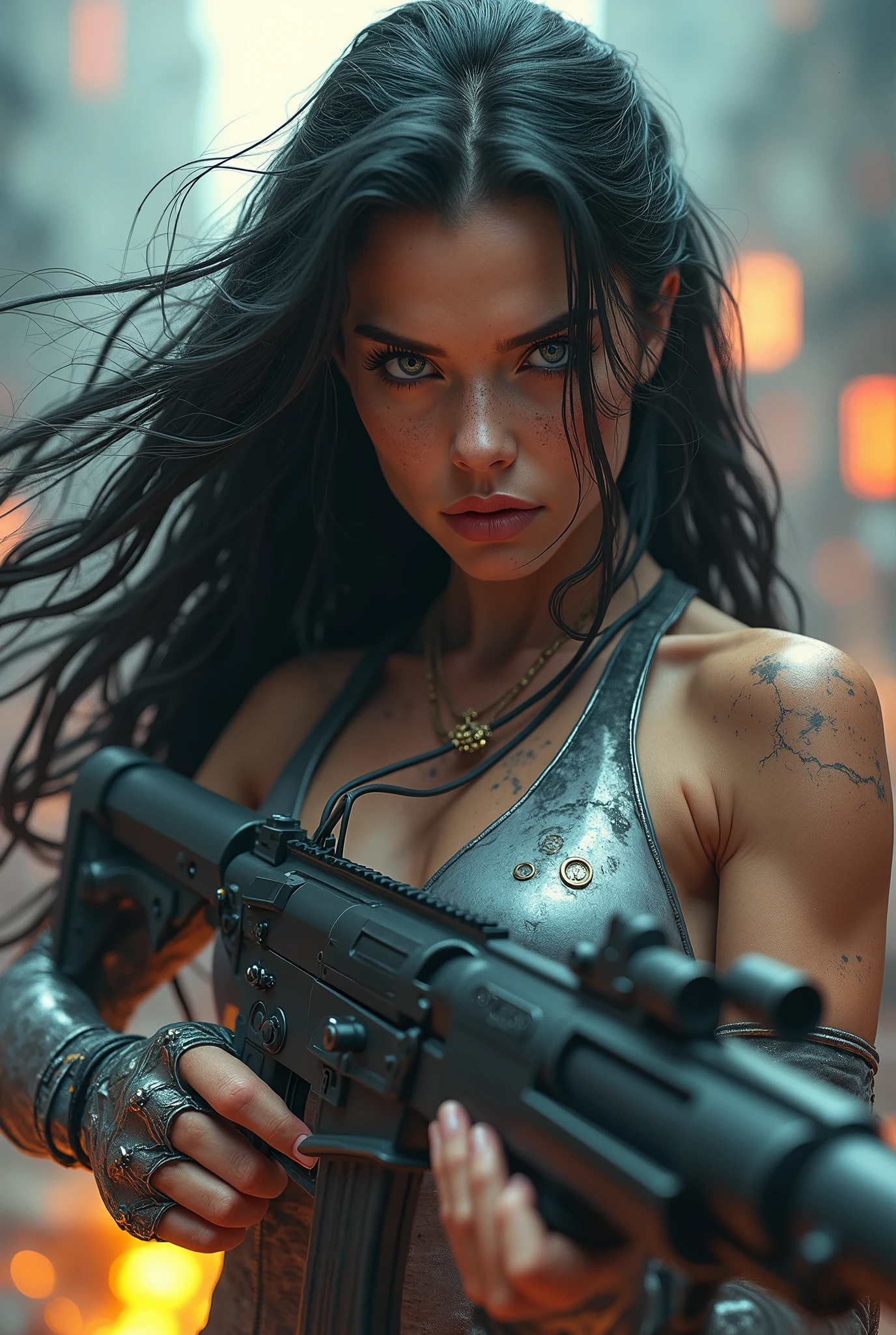 (masterpiece, photorealistic:1.4, extremely intricate:1.3), (photon mapping, radiosity, physically based rendering, ultra resolution, hyper-realistic, photorealistic:1.4, hyper-realistic, 8K), ((((humid age 20year, [bodybuilder:supermodel:0.8], (wide eyes, long lashes, battle-damaged translucent glossblack breastplate armor:0.8, etched, engraving)), [makeup:freckles:0.7])), blue eyes), angry, arrogant, BREAK, ((((background is a futuristic battlefield, she is a juggernaut, muscular), mechanical arms, mechanical hips, wires, wiring, (((glowing cybernetic chrome crystal reflections, aiming laser rifle), chrome cyborg headband), dynamic fighting action pose), long straight ([dark hair:glossblack hair:0.7], volumetric, shadows)))

