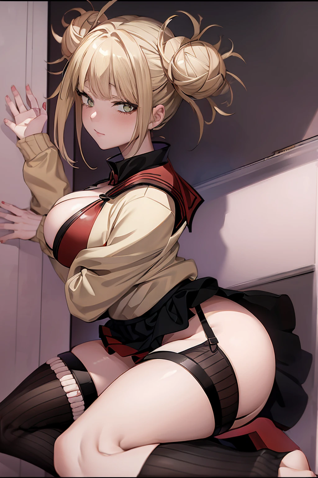 Himiko Toga, ,,(Alone),Himiko toga,(boku no hero academia),(short blonde hair with two messy pulps in her hair and yellow eyes with cat pupils),(Wearing),+,Wearing),+,(\A maid uniform with The apron is made of sheer, almost translucent black lace, which barely hides the maid's curvaceous body underneath. The front falls scandalously low, exposing the fullness of her breasts and most of her cleavage. Thin straps hold the apron in place, digging into your shoulders and drawing attention to your toned arms. Her corset is a slinky red number with built-in push-up cups that enhance her already impressive bust size. The corset has a deep V-neckline that disappears into the apron, emphasizing her ample cleavage. Thong-style laces crisscross her back, drawing attention to her narrow waist and the tantalizing hint of her ass. Her miniskirt is made from the same sheer lace as her apron, ending at mid-thigh to give a full view of her toned legs and the red garter belt wrapped around them. The garter belt supports fishnet stockings that ride up mid-thigh, adding a touch of fetish to the overall look. On her feet, she wears stiletto heels with ankle straps, enhancing her seductive and leggy appearance. Her hair is styled in loose, tousled waves, framing her face and drawing attention to her full lips, painted a bold crimson red. To complete the look, she uses a white duster as a prop, using it to tease and caress her own body in suggestive ways. The overall effect is one of unabashed, unapologetic sexuality packaged in a classic maid uniform that has become entirely explicit and provocative.)/,+,(\Facing the front of the fourth wall looking at the fourth wall:1.5)/,SimpleNegativeV3