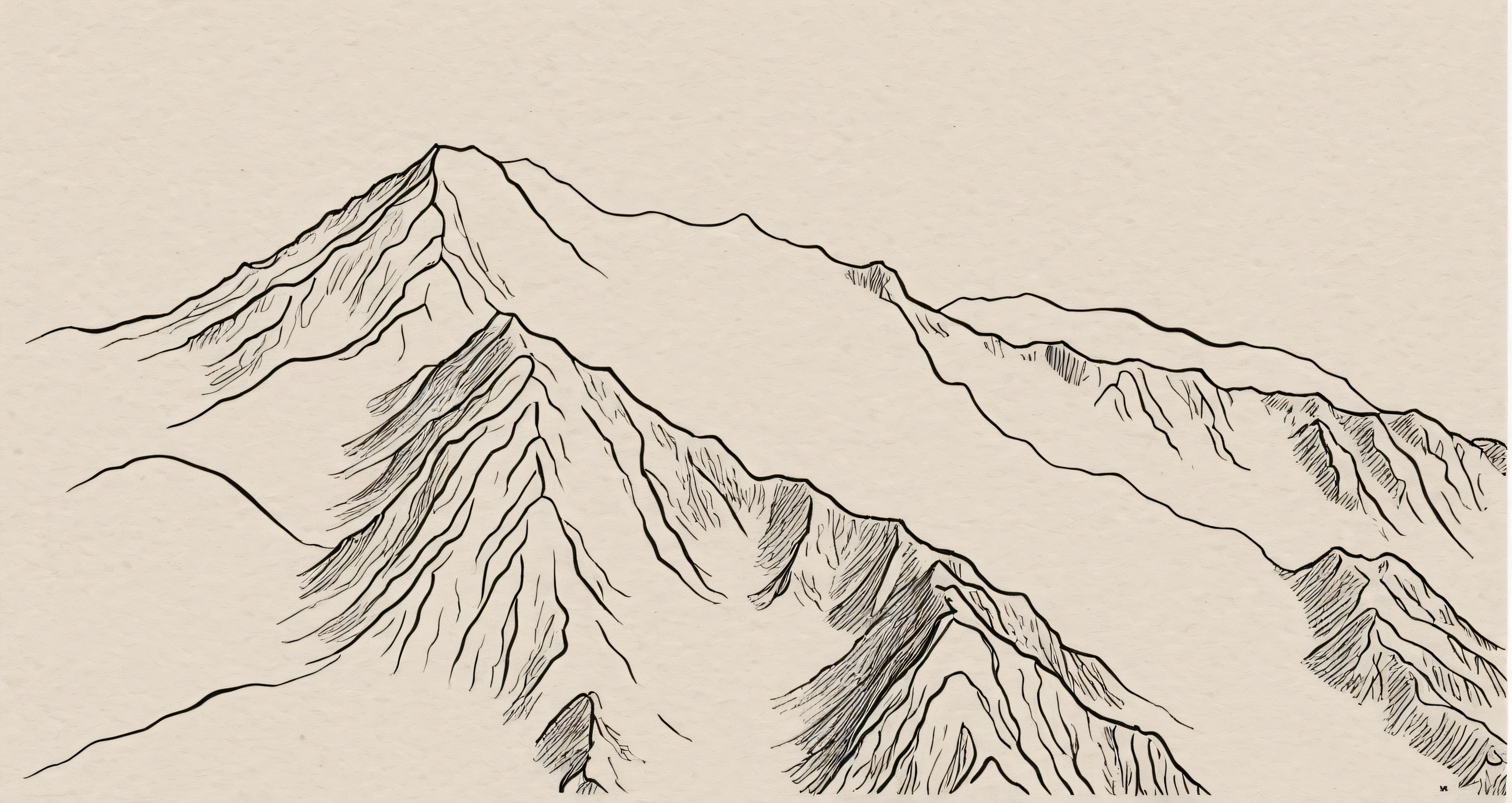 Chinese ink painting style，Curved curves，Natural curves，一座Mountain上的几棵树的图画, Line Drawing, Line art illustration, Mountain脉, 雪Mountain, 大Mountain, 干净的水墨细腻的Line Drawing, Draw with single line, with a 雪Mountain and ice, Pen drawing illustration, Pen drawing illustration, Mountain, Simple line art, Inspired by Katsushika Oi