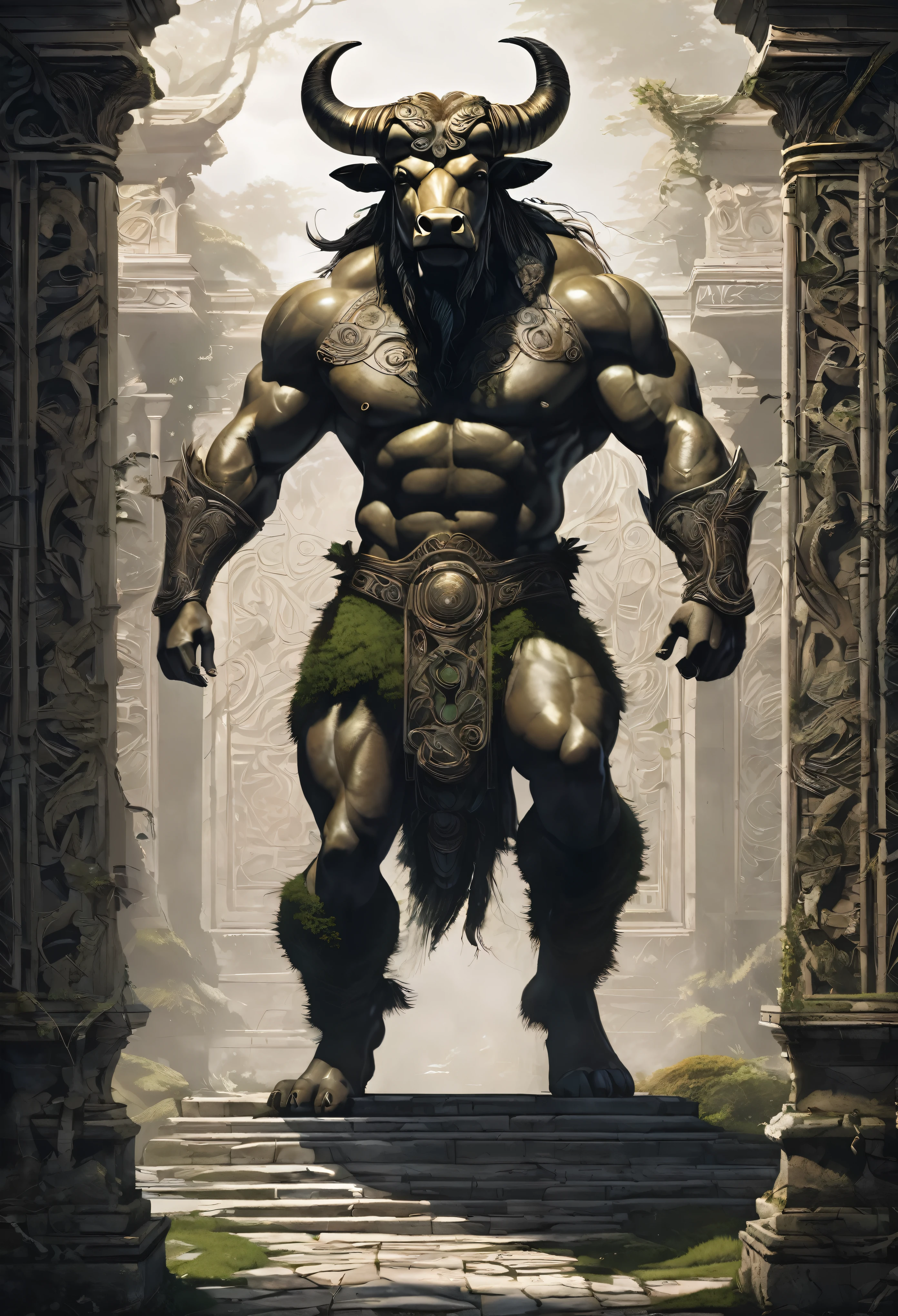 Visualize the Minotaur, a legendary creature from Greek mythology, standing majestically in the heart of a sprawling, intricate Labyrinth. The Minotaur has the muscular body of a powerful man, exuding strength and ferocity, while its head is that of a fierce bull, complete with sharp horns and intense, glowing eyes. Surround the creature with ancient stone walls covered in moss and vines, hinting at the age and mystery of the Labyrinth. The atmosphere is dimly lit, with shafts of light breaking through the cracks, casting dramatic shadows that enhance the Minotaur's imposing presence. Include subtle hints of ancient Greek architecture in the background, such as crumbling columns or faded murals, to enrich the mythological context." Feel free to adjust any elements to better fit your vision!
