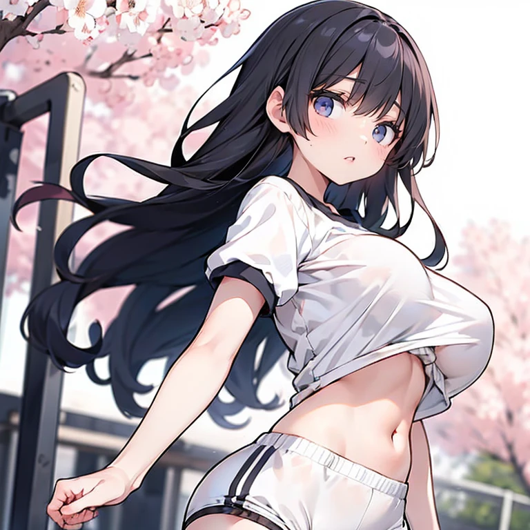 Anime Kawaii sexy Perfect Slim sensual body large breast and huge thighs, An intricate and highly detailed illustration of anime (Young girl). standing alone、high school girl、Caucasian skin、Make-up natural、Bblack hair、bangss、long straight hair、(((White short sleeve upper body t-shirt)))、(((Long, white workout clothes)))、(((Very tight bloomers)))、(((Marine Blooms)))、(((Tuck the bottom of your gym clothes into your shorts)))、breasts big、((big-ass))、(((School's yard)))、(((realistic fingers)))、(((realistic styling)))、((perfect figure))、(((vertical)))、(((rear view)))、(((Future Perspective)))