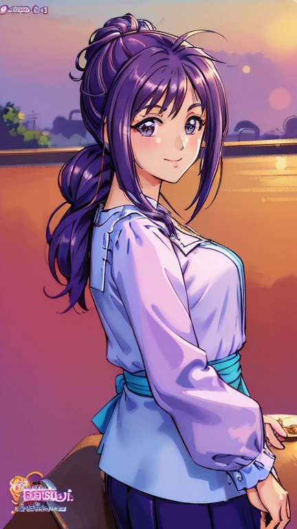 ((masterpiece, Highest quality, Highest quality, Official Art, beautifully、beautiful:1.2)),((masterpiece)),((Vibrant colors)),((Ayako Katagiri)),((幸せそうなsmile)),((smile)),((looks fun)),(Cafe Terrace),(Beautiful breasts),(((Side bust))),(sunset)