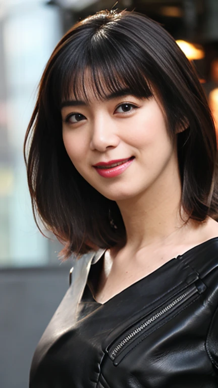最high quality, 8k, Vibrant, Sharp focus, high quality, High resolution, Middle-aged women, Mature Woman, 55 years old, (Whole Body Ezbian), (High heels face detail, Highly detailed eyes, Plump figure、Plump face、((big 1.6))、(((Large Breasts)))、((Black leather clothing))、Busy Street、Random Hairstyles、A kind smile、