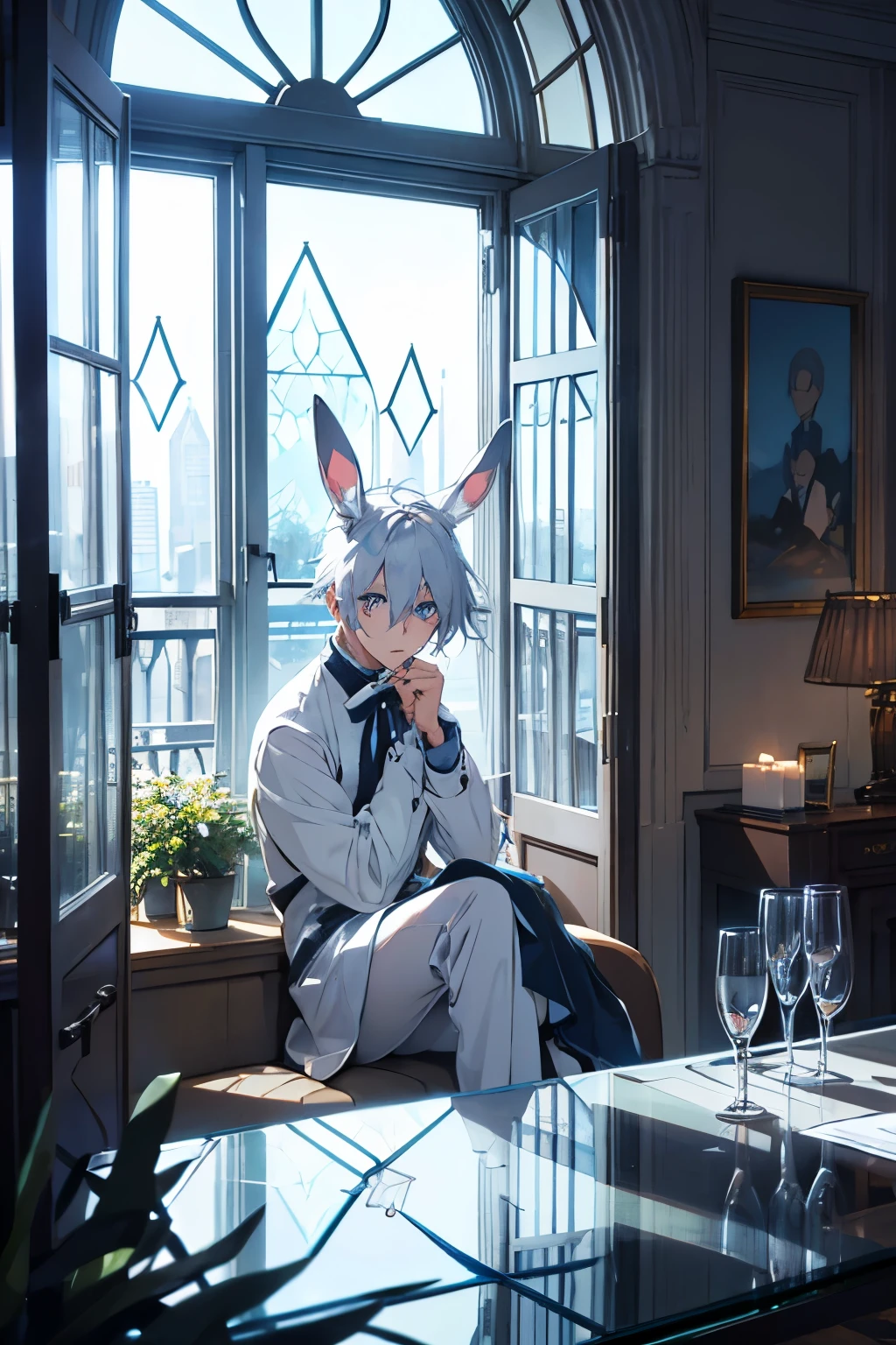 ikemen silver hair blue eyes rabbit ears sitting inside a room,viewed from outside through a window with glass panes,framed_view,light_through_glass,reflections