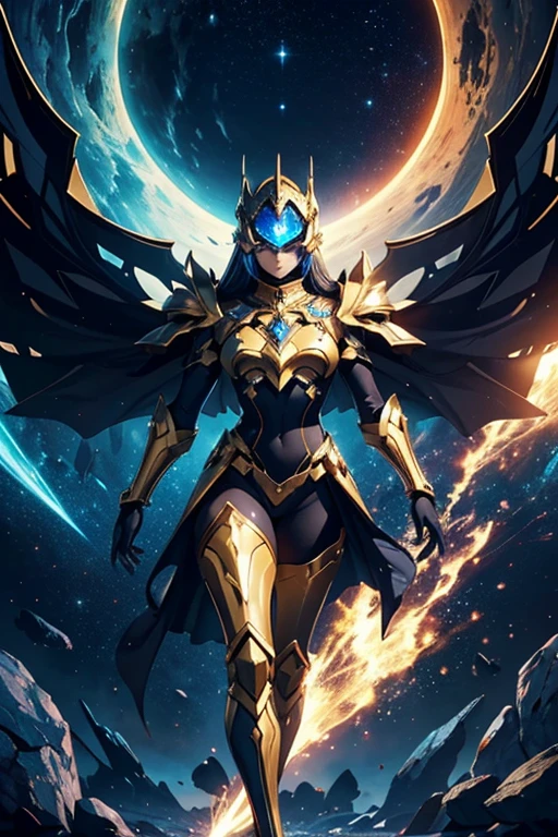 The image shows a humanoid figure wearing detailed golden armor, that blends futuristic elements with the classic design of the golden armor of the Knights of the Zodiac. The armor features a polished golden metallic finish, with intricate details that balance power and elegance. The helmet has an aerodynamic shape, with sharp lines and a central crest that extends upward, while the bright blue visor adds a touch of modern technology. The shoulder pads are large and straight, with an angular design that extends outward and upward, creating a precise and imposing appearance. The centerpiece of the chest is composed of segmented golden plates that overlap in a symmetrical pattern, providing protection and an air of grandeur. In the center of his chest, there is a jewel or crystal that emits a soft glow, adding a touch of mystical energy. The arms are protected by articulated plates that allow for full mobility, while the gauntlets are robust and elegant, combining the sophistication of futuristic elements with the classic style of Zodiac armor. The legs are covered by segmented plates that protect the thighs, knees and shins, ending in angular and sturdy boots, that give the figure a powerful posture. The background of the image features a dark cosmic landscape, with a rocky terrain illuminated by distant stars and nebulae. The golden armor shines brightly against this backdrop, highlighting its divine and powerful nature. The dynamic shadows and lights reflect on the polished surfaces of the armor, creating a dramatic and intense effect, while the central jewel and the edges of the shoulder pads emit a soft glow, reinforcing the figure's mystical and imposing aura.
