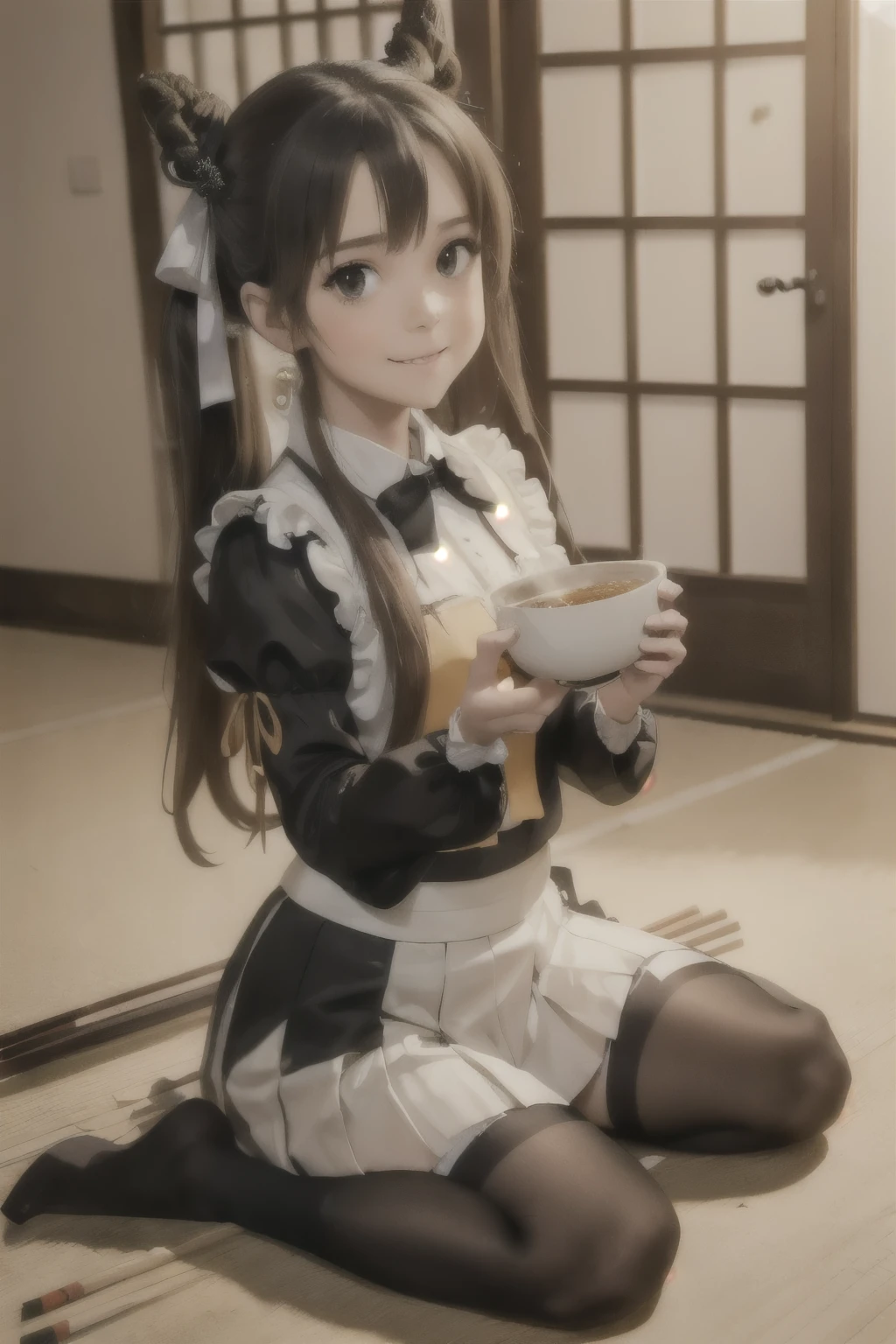 masterpiece, top quality, bewitching pose, full body wide angle, smile, (sitting:1.1) ,ichiraku ramen, (eating ramen noodles:1.0), holding chopsticks and ramen bowl, slurp one's noodles,, silence suzuka (umamusume), black gloves, white skirt, pleated skirt, black pantyhose, layered sleeves, puffy short sleeves, short over long sleeves, black bow, festival,