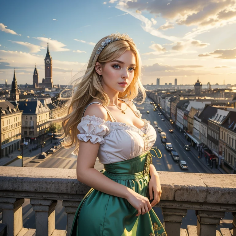 (masterpiece, best quality:1.5), highest quality, High resolution, super detailed, Realists, Bust portrait of a 22-year-old blonde woman, detailed and beautiful eyes, beautiful detailed lips, very detailed eyes and face, longeyelashes, A 22-year-old woman in a shiny satin dirndl, Beautiful and colorful makeup, elegant and noble々Pose, Hairband,, City as background, bright daylight, bright colors, fine brushstrokes, Portrait style, beautiful color palette, glowing skin, First-class rendering, that captures every detail, enchanting atmosphere, (perfect anatomy:1.2), (The stunning woman wears a dirndl. She stands and shows off her figure, (magnificent panorama view:1.2)