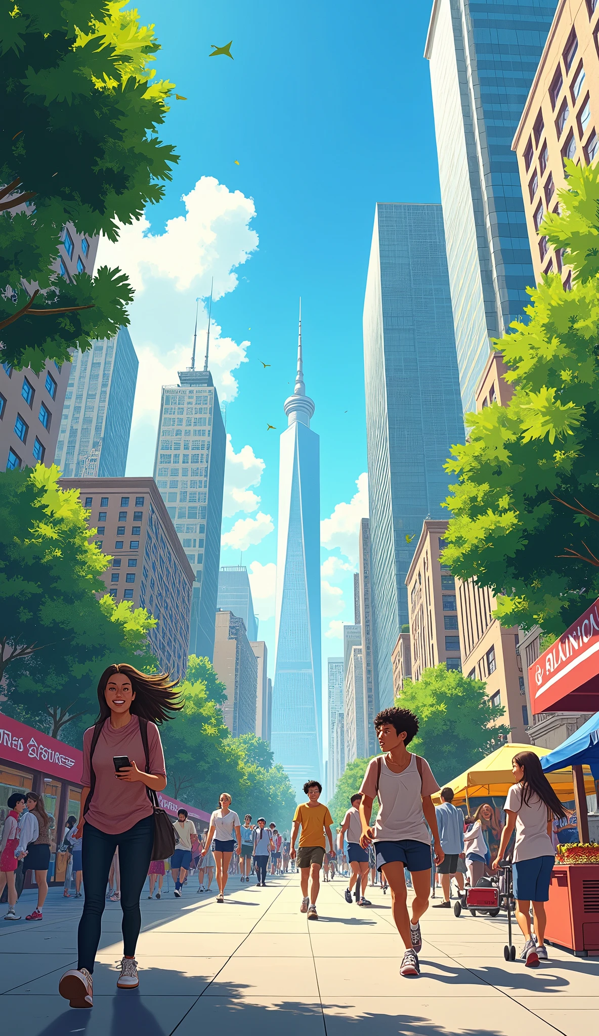 The screen shows a bustling cityscape with people going about their day ratio 9:16