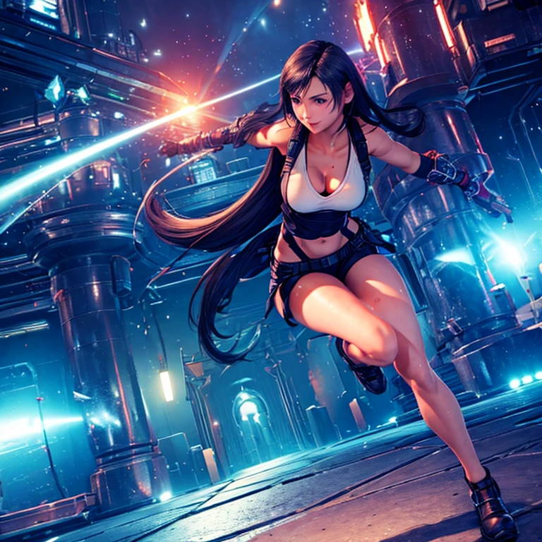 ((Master quality, 8K, masterpiece:1.3, ultra-detailed, high resolution, RAW Photos, detailed , blurry, Actual, hyper realistic, photo, HDR)), BREAK, perfect anatomy, perfect hands, perfect legs, perfect feet, detailed eyes, BREAK, One person alone, ff7r style, tifa lockhart,, beautiful face, beautiful detailed eyes, (dynamic posing ), long hair, ( Round and Stacked Breasts ), Cleavage, seductive smile:1.5, Sweat-soaked skin, BREAK, wearing( ), , Graffiti art, BREAK, ( Random Angle, full-body, ), dynamic angle, , background(Realistic , cinematic lighting, depth of field, night , the full moon,, cyberpunk city atmosphere light particles, , )