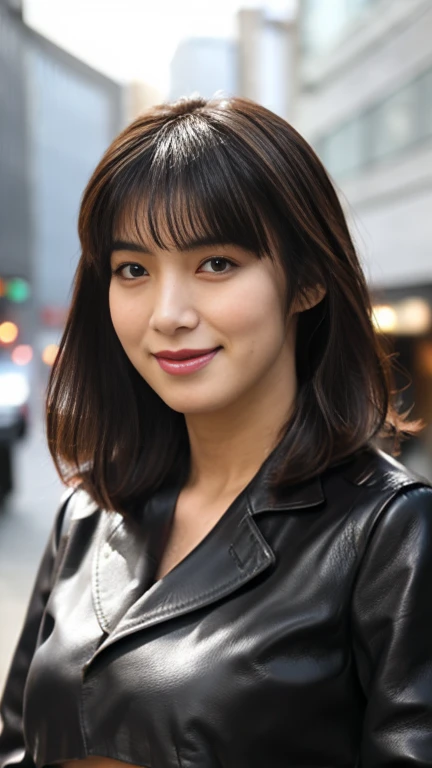最high quality, 8k, Vibrant, Sharp focus, high quality, High resolution, Middle-aged women, Mature Woman, 55 years old, (Whole Body Ezbian), (High heels face detail, Highly detailed eyes, Plump figure、Plump face、((big 1.6))、(((Large Breasts)))、((Black leather clothing))、Busy Street、Random Hairstyles、A kind smile、