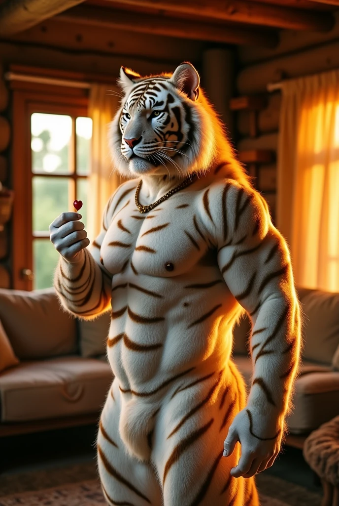 Gundam,male,strong,White Tiger Beastman,nude((focal body,furry focus,color focus,Body tone))(((Cozy Cottage,holding my kiss)))