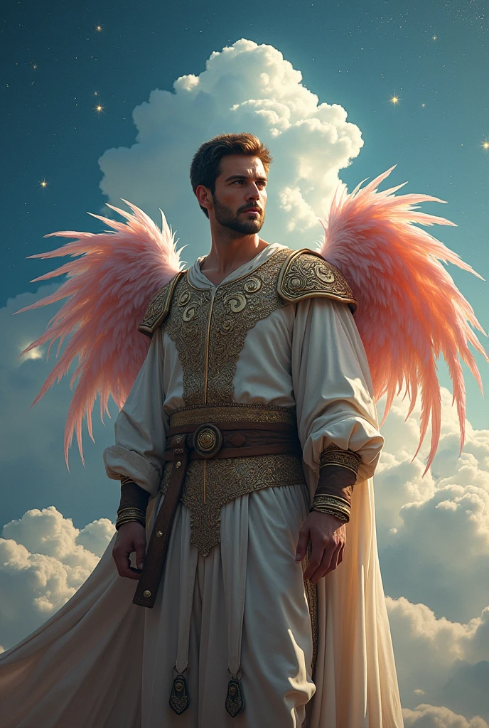 Homme médiéval fantastique en tunique avec un plumage en portrait dans un décor d'Ile céleste dans le ciel