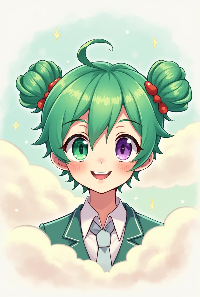 、Green hair color、Two buns on either side of the head、Green and purple heterochromia、male、male性、Loose drawings、Cute