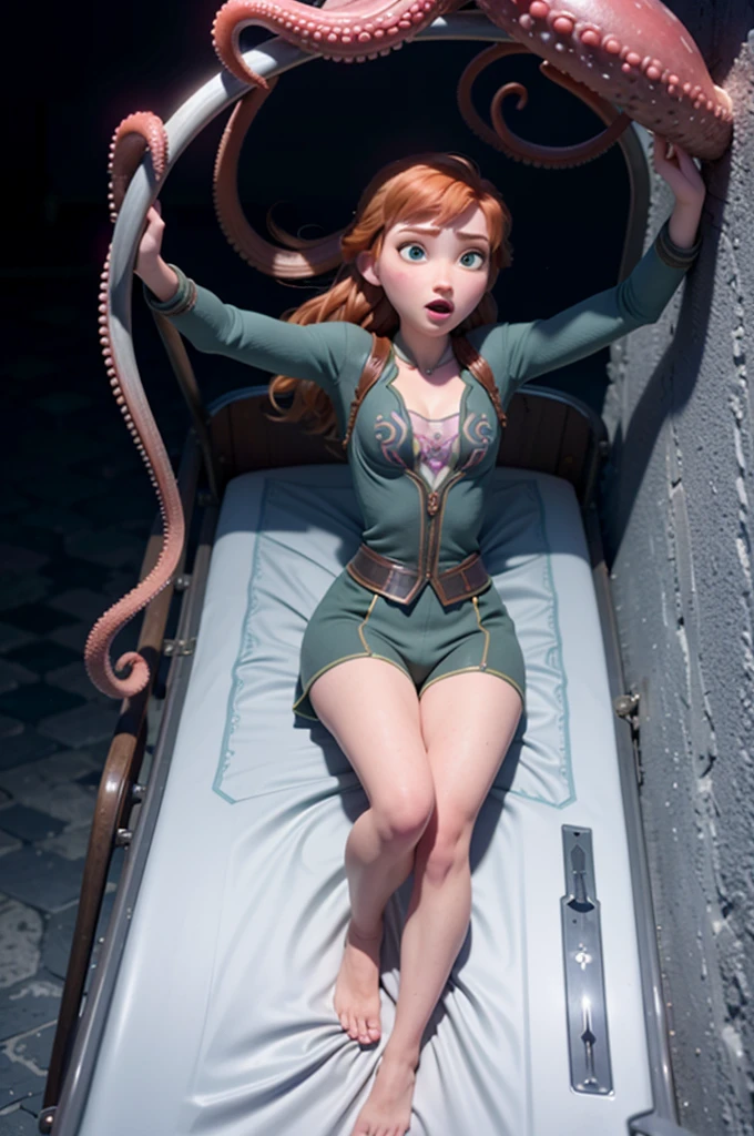 anna of arendelle and suspended in the air, small tentacles, the hands are held by the small tentacles of an octopus, ((the small tentacles slide through the clothes)) (the small tentacles slide through the clothes knead the chest), tentacles slide in shorts