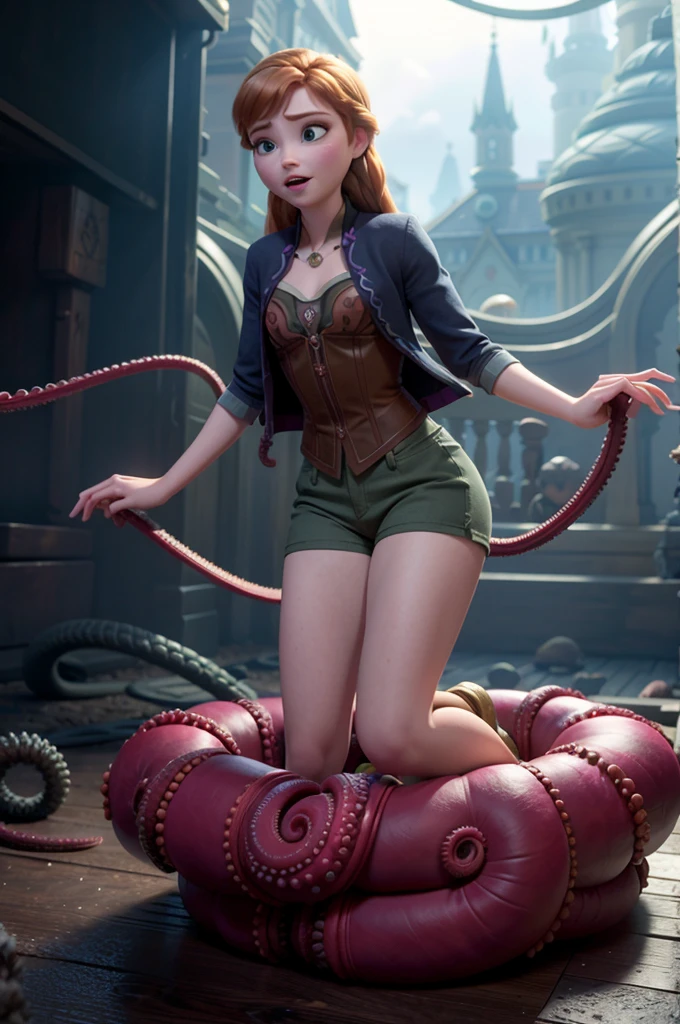 anna of arendelle and suspended in the air, small tentacles, the hands are held by the small tentacles of an octopus, ((the small tentacles slide through the clothes)) (the small tentacles slide through the clothes knead the chest), tentacles slide in shorts