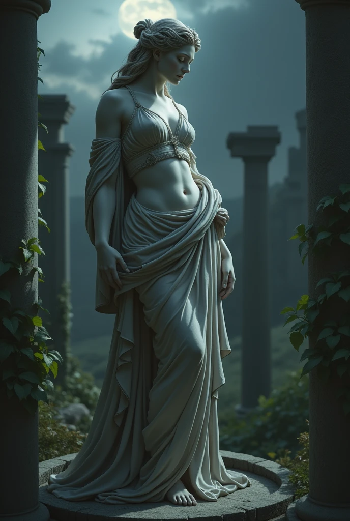 high resolution, Greek goddess woman, big breasts, statue, private areas covered, as if there was a dress, sad, as if she had lost everything,