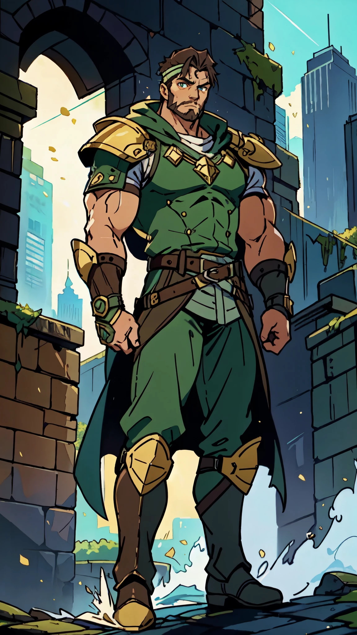 (masterpiece:1.2, best quality:1.2, extremely delicate:1.2), ((male:1.5)), a middle-aged man with short dark blue hair, a green headband tied around his forehead, sharp eyes, a heroic face, long sideburns, a long beard on his chin, a confident expression, a tall and muscular build, a fantasy-realist style short-sleeved coat, with a white and green form-fitting chest armor underneath, a flowing cape hangs from his right shoulder, heavy iron wrist guards, his belt is connected to small skirt armor plates, coarse cloth trousers, long boots that include shin guards, stands like a guardian in front of a city gate, this character embodies a finely crafted fantasy-realist style warrior in anime style, exquisite and mature manga art style, dramatic, high definition, highres, ultra-detailed, ultra-fine painting, professional, perfect body proportions, golden ratio, anatomically correct, symmetrical face, extremely detailed eyes and face, high quality eyes, creativity, RAW photo, UHD, 32k, Natural light, cinematic lighting, (masterpiece-anatomy-perfect:1.2)