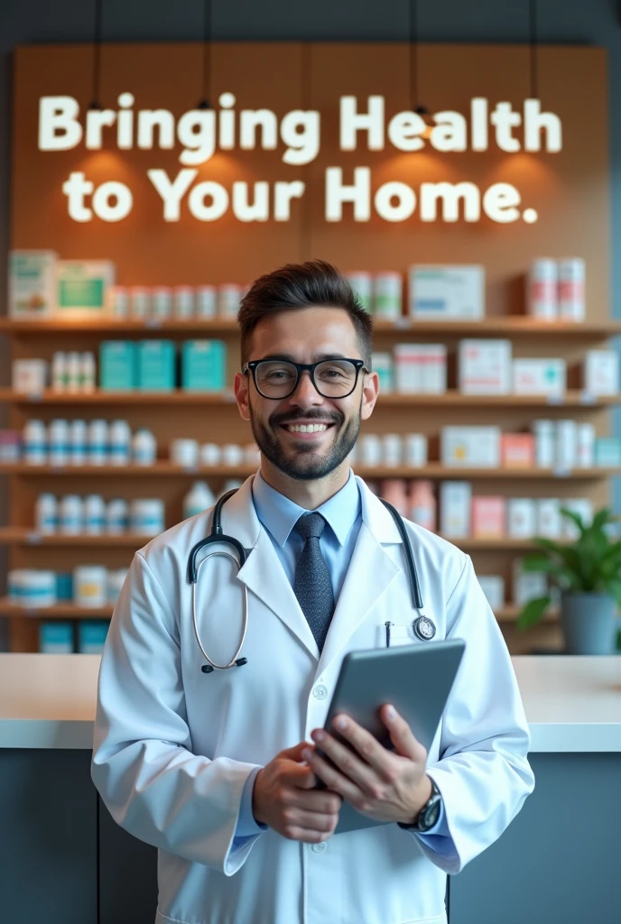 Create a promotional image with best quality for Micro Chemist with the following promotional lines "Bringing Health to Your Home. Micro Chemist—Your Trusted Online Chemist." The text must be strictly not blurry and must be clear