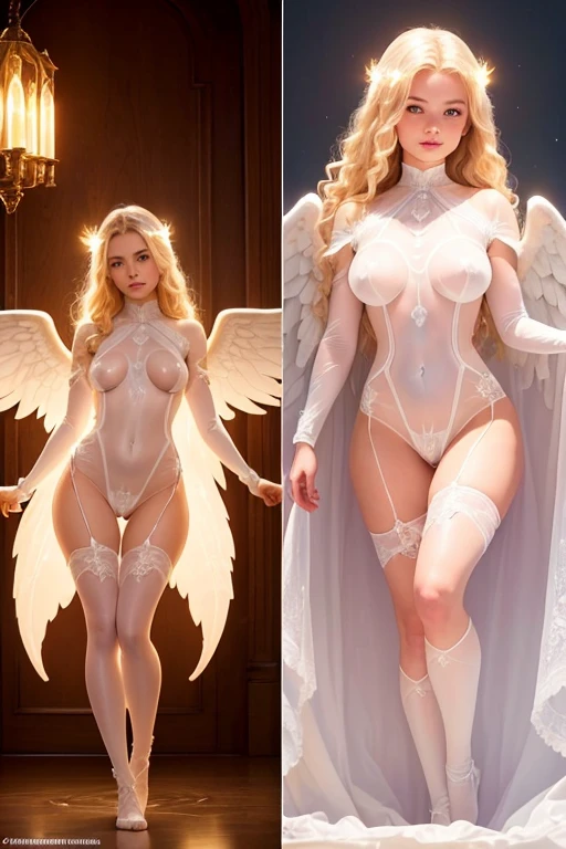 A young 15- yr old native European girl with lovely charminvg face,( pale skin texture masterpiece), (smiling with teeths showing)(perfect full body detailed anatomy), (Super accessories detailed), (meditating ), (perfect detailed glowing bright eyes),(short wavy illuminating blonde crystalized hair),((expose big hard erect nipples))(( exposed panty ))(legs wide open showing pussy line)(( Wearing transparent illuminating costume of an angel)),holding a treasure knife (( illuminating different lights covering the sorrounding atmosphere)) Has beautiful large white wings, The character solemnly praying, 7 different perspective view of that same girl & face profile sheet character style