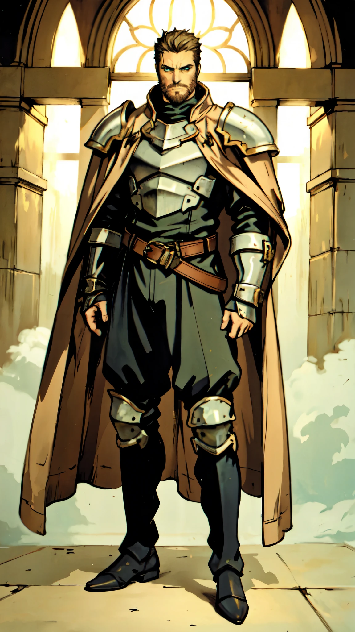 (masterpiece:1.2, best quality:1.2, extremely delicate:1.2), ((male:1.5)), a middle-aged man with short dark blue hair, a green headband tied around his forehead, sharp eyes, a heroic face, long sideburns, a long beard on his chin, a confident expression, a tall and muscular build, a fantasy-realist style short-sleeved coat, with a white and green form-fitting chest armor underneath, a flowing cape hangs from his right shoulder, heavy iron wrist guards, his belt is connected to small skirt armor plates, coarse cloth trousers, long boots that include shin guards, stands like a guardian in front of a city gate, this character embodies a finely crafted fantasy-realist style warrior in anime style, exquisite and mature manga art style, dramatic, high definition, highres, ultra-detailed, ultra-fine painting, professional, perfect body proportions, golden ratio, anatomically correct, symmetrical face, extremely detailed eyes and face, high quality eyes, creativity, RAW photo, UHD, 32k, Natural light, cinematic lighting, (masterpiece-anatomy-perfect:1.2)