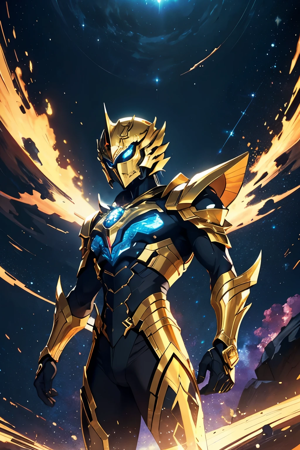 The image shows a male humanoid figure wearing detailed golden armor., that blends futuristic elements with the classic design of the golden armor of the Knights of the Zodiac. The armor features a polished golden metallic finish, with intricate details that balance power and elegance. The helmet has an aerodynamic shape, with sharp lines and a central crest that extends upward, while the bright blue visor adds a touch of modern technology. The shoulder pads are large and straight, with an angular design that extends outward and upward, creating a precise and imposing appearance. The centerpiece of the chest is composed of segmented golden plates that overlap in a symmetrical pattern, providing protection and an air of grandeur. In the center of his chest, there is a jewel or crystal that emits a soft glow, adding a touch of mystical energy. The arms are protected by articulated plates that allow for full mobility, while the gauntlets are robust and elegant, combining the sophistication of futuristic elements with the classic style of Zodiac armor. The legs are covered by segmented plates that protect the thighs, knees and shins, ending in angular and sturdy boots, that give the figure a powerful posture. The background of the image features a dark cosmic landscape, with a rocky terrain illuminated by distant stars and nebulae. The golden armor shines brightly against this backdrop, highlighting its divine and powerful nature. The dynamic shadows and lights reflect on the polished surfaces of the armor, creating a dramatic and intense effect, while the central jewel and the edges of the shoulder pads emit a soft glow, reinforcing the figure's mystical and imposing aura.
