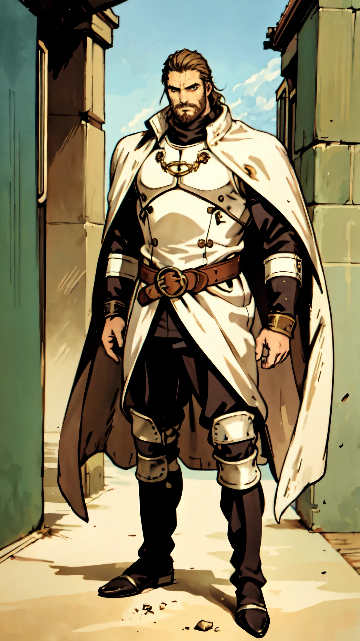 (masterpiece:1.2, best quality:1.2, extremely delicate:1.2), ((male:1.5)), a middle-aged man with short dark blue hair, a green headband tied around his forehead, sharp eyes, a heroic face, long sideburns, a long beard on his chin, a confident expression, a tall and muscular build, a fantasy-realist style short-sleeved coat, with a white and green form-fitting chest armor underneath, a flowing cape hangs from his right shoulder, heavy iron wrist guards, his belt is connected to small skirt armor plates, coarse cloth trousers, long boots that include shin guards, stands like a guardian in front of a city gate, this character embodies a finely crafted fantasy-realist style warrior in anime style, exquisite and mature manga art style, dramatic, high definition, highres, ultra-detailed, ultra-fine painting, professional, perfect body proportions, golden ratio, anatomically correct, symmetrical face, extremely detailed eyes and face, high quality eyes, creativity, RAW photo, UHD, 32k, Natural light, cinematic lighting, (masterpiece-anatomy-perfect:1.2)