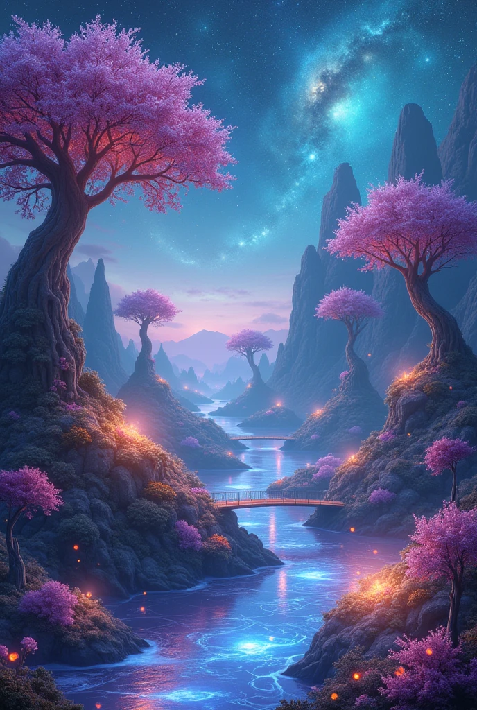 Create a hyper-detailed depiction of a dream realm. The landscape should be a surreal, ethereal dreamscape where reality and imagination merge seamlessly. The foreground features a shimmering, translucent dream energy field with glowing bioluminescent flowers and floating orbs. Include flowing rivers of dream water and crystalline structures. The midground showcases majestic, towering trees with luminescent leaves, floating islands connected by ethereal bridges, and swirling, misty fogs. The background features a sky with swirling galaxies and nebulae, with drifting stars and celestial bodies. Ensure the scene has vibrant, otherworldly colors and fluid, dynamic forms that evoke a sense of wonder and fluidity