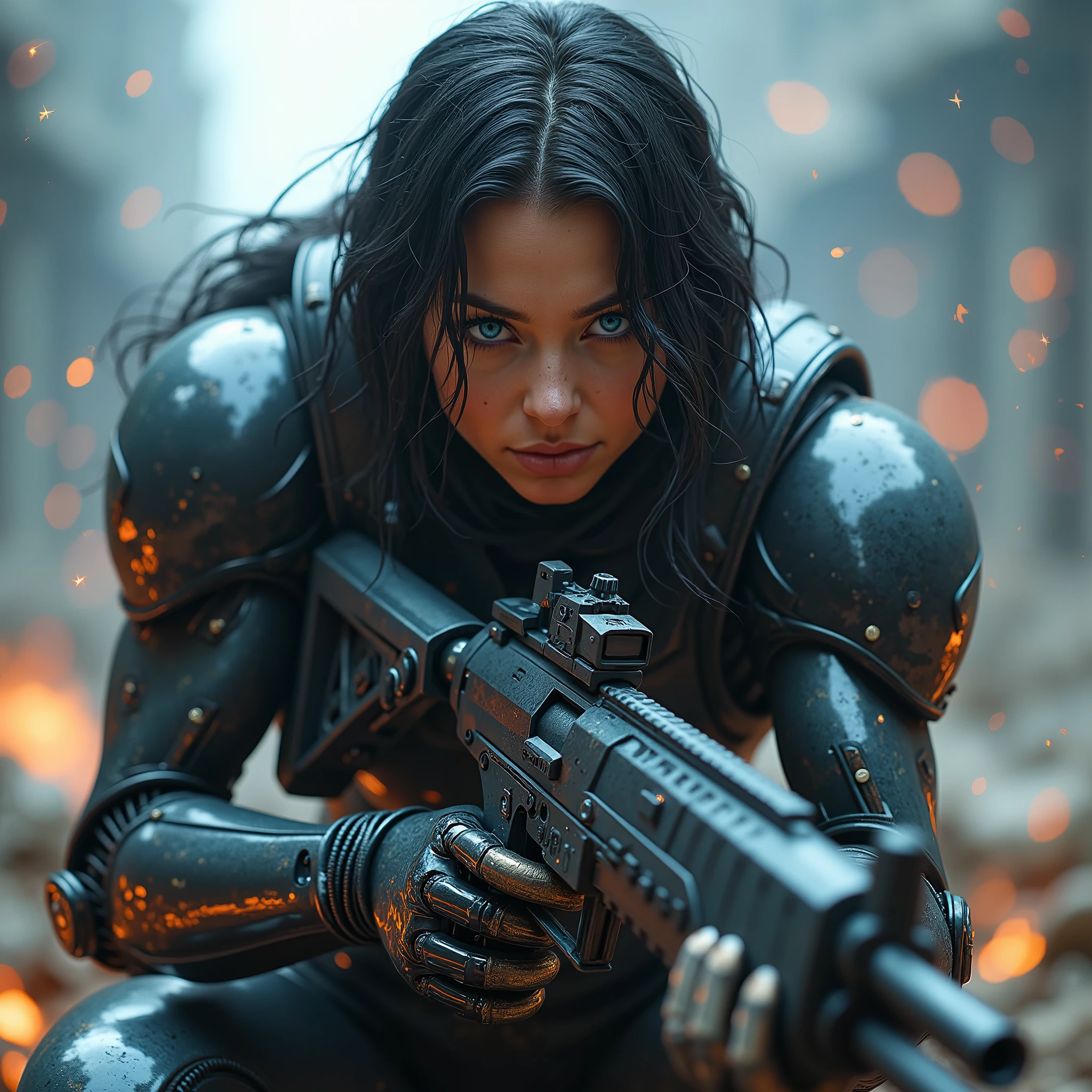 (masterpiece, photorealistic:1.4, extremely intricate:1.3), (photon mapping, radiosity, physically based rendering, ultra resolution, hyper-realistic, photorealistic:1.4, hyper-realistic, 8K), ((((humid teenage 20year, [bodybuilder:supermodel:0.8], (wide eyes, long lashes, battle-damaged translucent glossblack breastplate armor:0.8, etched, engraving)), [makeup:freckles:0.7])), blue eyes), angry, arrogant, BREAK, ((((background is a futuristic battlefield, she is a juggernaut, muscular), mechanical arms, mechanical hips, wires, wiring, (((glowing cybernetic chrome crystal reflections, kneeling, aiming laser rifle, (pubic hair, vagina)), chrome cyborg headband), dynamic fighting action pose), long straight ([dark hair:glossblack hair:0.7], volumetric, shadows)))
