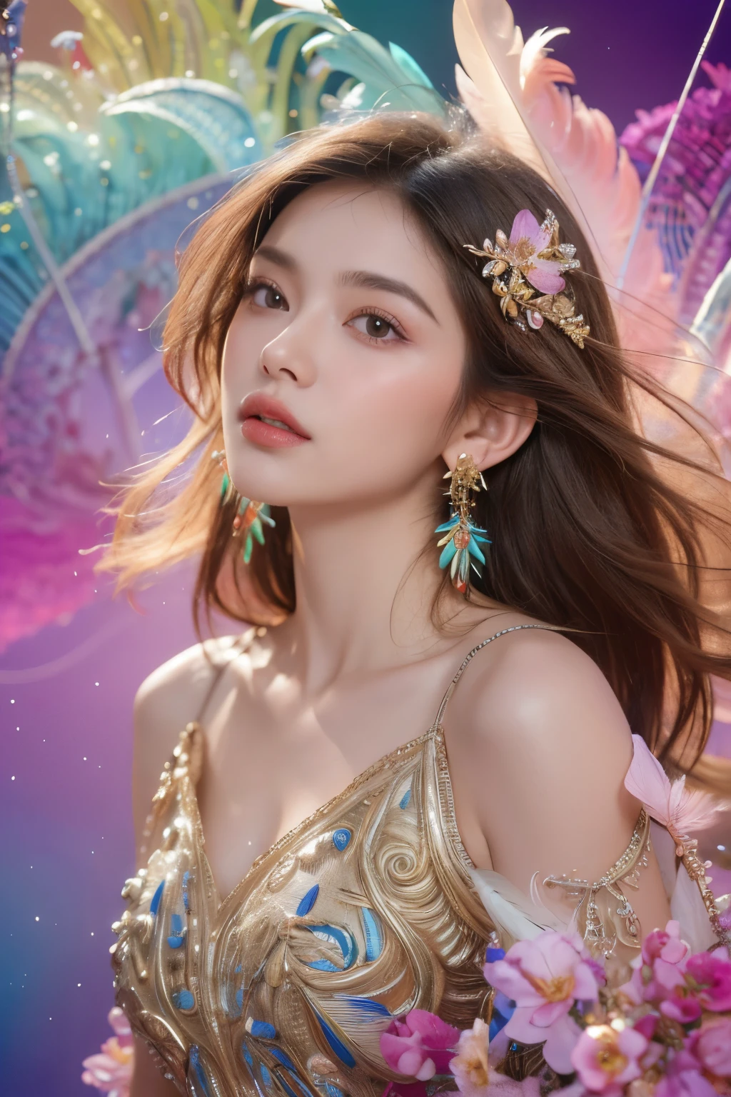 A girl with small breasts, bare shoulders, golden hair, colored feathers, metal ornaments, colored flowers, particles, light rays, (masterpiece, top quality, best quality, official art, beautiful and aesthetic:1.2), (1girl:1.3), extremely detailed,(fractal art:1.1),(colorful:1.1)(flowers:1.3),highest detailed,(zentangle:1.2), (dynamic pose), (abstract background:1.3), (shiny skin), (many colors :1.4), ,(earrings:1.4), (feathers:1.4)