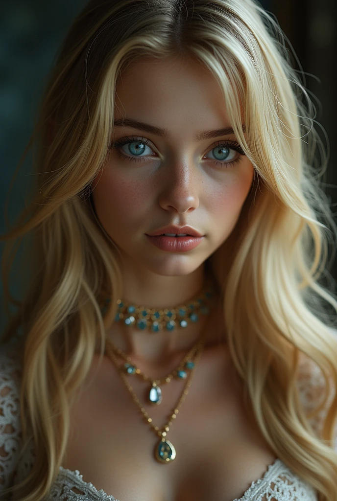 good quality, best quality, photo-realistic, Rohfoto, realistic, ultra realistic 8k cg, ultra detailed, High resolution, masterpiece, 1 girl, 19 years old, long gold blonde hair, bangs, blue eyes, detailed face and eyes, close up shot, Intricate detailing, detailed texture, delicate detailed, Jewelry around the neck, medium breasts, (absurdres, highres, ultra detailed), elegant, Darkness, highest detailed, upper body ,showing an attitude face ., beautiful darkfantasy, sharp focus, hd details, 8k resolution, studio photo, intricate details, highly detailed, anatomical correct,epic fantasy digital art,Masterpiece artwork,8k,high-definition resolution, Quality Superior, Epic composition