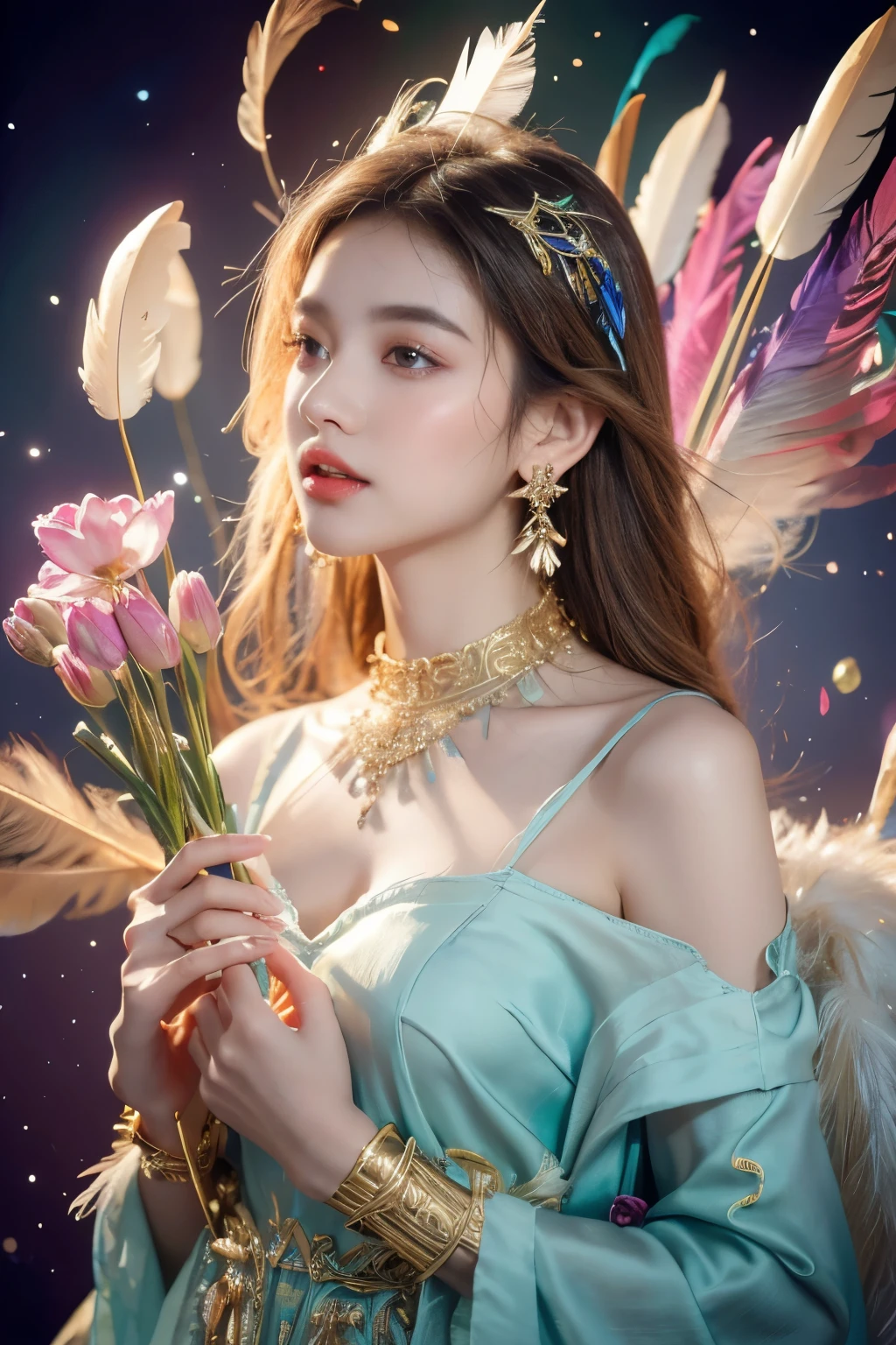 A girl with small breasts, bare shoulders, golden hair, colored feathers, metal ornaments, colored flowers, particles, light rays, (masterpiece, top quality, best quality, official art, beautiful and aesthetic:1.2), (1girl:1.3), extremely detailed,(fractal art:1.1),(colorful:1.1)(flowers:1.3),highest detailed,(zentangle:1.2), (dynamic pose), (abstract background:1.3), (shiny skin), (many colors :1.4), ,(earrings:1.4), (feathers:1.4)