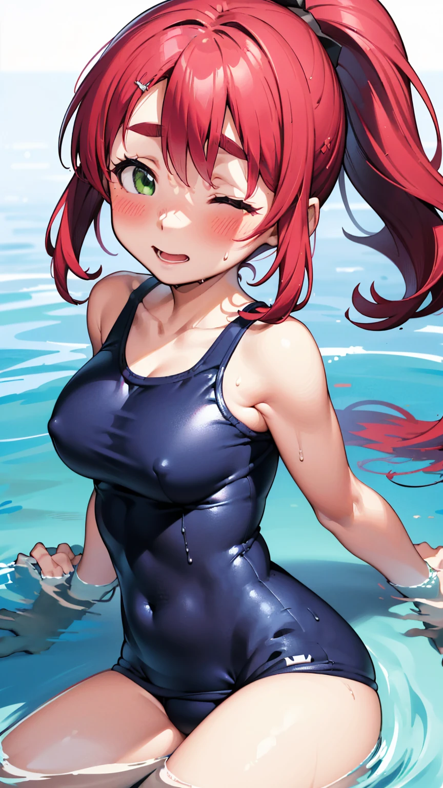 8K quality,(super masterpiece:1.3),Highest quality,Detailed Images,1 female,symmetrical beauty,10th Generation,face(kiss,Bring your lips forward,Pursed lips,Close your eyes),(Embarrassing,blush,bright red,),(Pink Hair,Long Hair,High Ponytail),(Thick eyebrows,Thick eyebrows),(Droopy eyes,Green Eyes,Green Eyes,Bright Eyes),(Large Breasts,F cupの胸),Tan Skin,Leaning forward,(School Swimsuit),(Draw the whole body,Draw the front),background(Submerged City,Flooded station,Submerged City,A sunken ruin),(faceはカメラに対して真正面を向く,Looking directly at the viewer,looking at the camera,The body faces the viewer,The body is facing the direction of the camera,faceはカメラを真っ直ぐ見る).