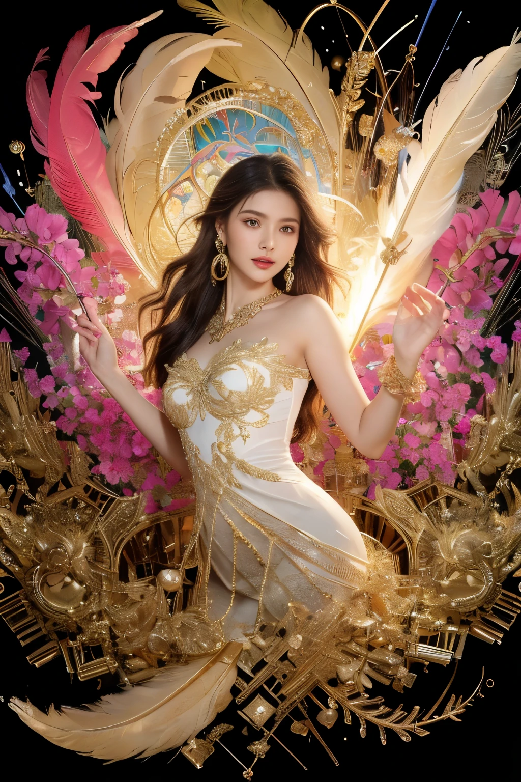 A girl with small breasts, bare shoulders, golden hair, colored feathers, metal ornaments, colored flowers, particles, light rays, (masterpiece, top quality, best quality, official art, beautiful and aesthetic:1.2), (1girl:1.3), extremely detailed,(fractal art:1.1),(colorful:1.1)(flowers:1.3),highest detailed,(zentangle:1.2), (dynamic pose), (abstract background:1.3), (shiny skin), (many colors :1.4), ,(earrings:1.4), (feathers:1.4)