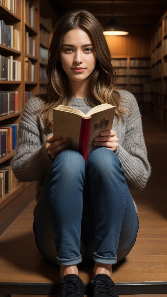 1girl, long blonde hair, beautiful detailed eyes, blue eyes, beautiful detailed lips, smile, gray sweater, long black jeans, blue shoes, sit at chair, fullbody shot, inside library, reading book, (best quality,8k,highres,masterpiece:1.2),ultra-detailed,(realistic,photorealistic,photo-realistic:1.37),HDR,vivid colors,natural lighting,cinematic mood,fantasy,soft lighting