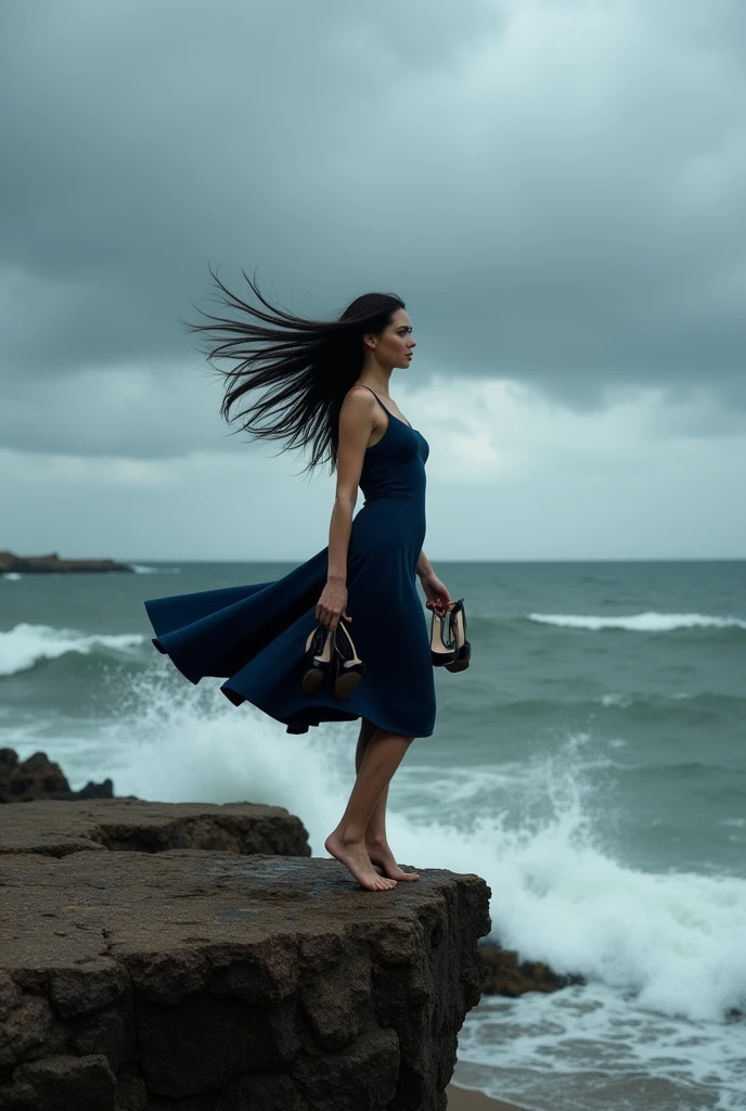 Draw in 8k realistic tone: A thin woman, long and straight hair, On the edge of a cliff, She's on the coast , You can't see his face, and your hair, black , are loose in the wind. She is wearing a navy blue dress and has no shoes on her feet.. She is holding her two high heel shoes in her left hand. The weather is cloudy, windy.