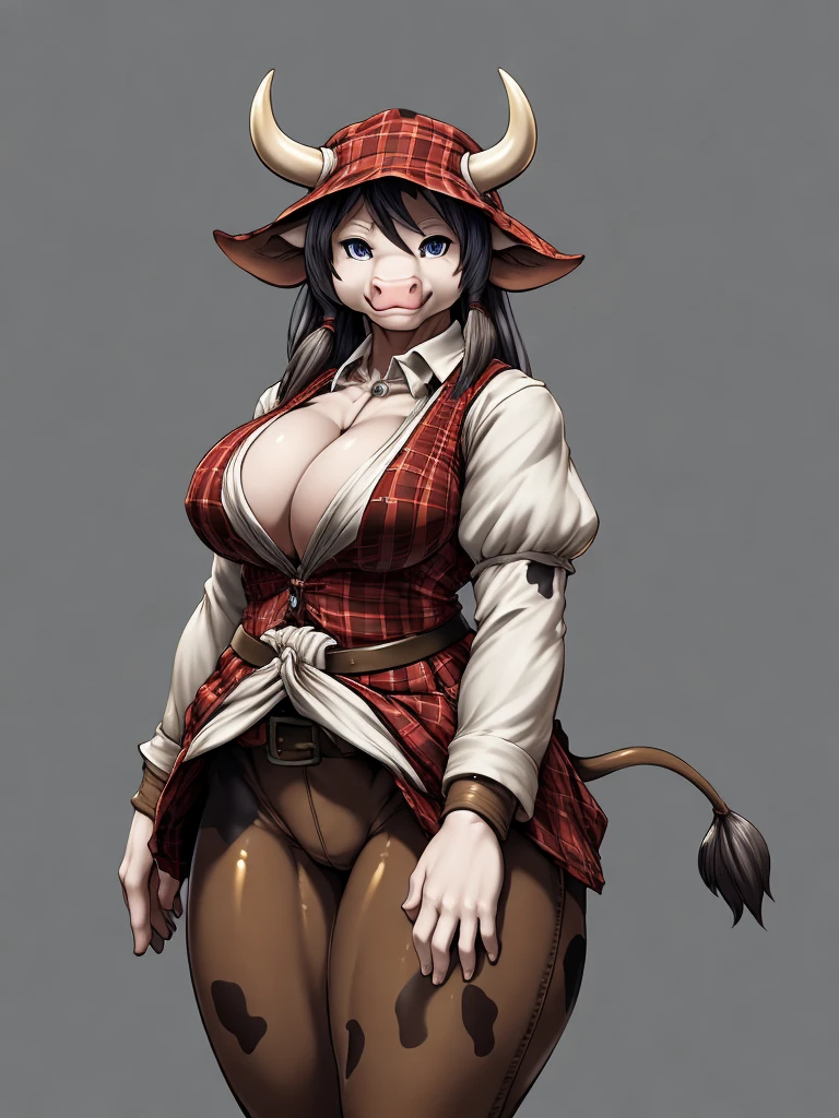 ((cow)), furry female anthro,cow woman,HD,sharp,beautiful and detailed,woman ((anthro)),1girl,Milf, mature woman,gray skin,(look at viewer) ,thick girl,by dr comet,by pochincoff, by jlullaby,by kingbang,by obui,by ZeroQrisu,by sparrow,by gmeen,thief, farmer,((farmer outfit)),sad,smile,standing,lghngcw,((simple background)),(gray background,)
