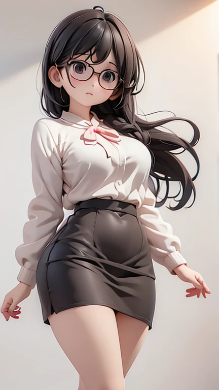 30-year-old woman、female teacher、Glasses、Black Hair,、Perm、Long Hair、Casual wear、Formal look、sweater、Dress shirt、Clothing patterns、Clothing Design、Tight skirt、whole body、 