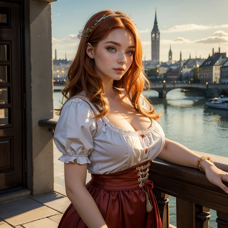 (​masterpiece, best quality:1.5), highest quality, High resolution, super detailed, Realists, Bust portrait of a 22-year-old red-haired woman, detailed and beautiful eyes, beautiful detailed lips, very detailed eyes and face, longeyelashes, A 22-year-old woman in a shiny satin dirndl, Beautiful and colorful makeup, elegant and noble々Pose, Hairband,, City as background, bright daylight, bright colors, fine brushstrokes, Portrait style, beautiful color palette, glowing skin, First-class rendering, that captures every detail, enchanting atmosphere, (perfect anatomy:1.2), (The stunning woman wears a dirndl. She stands and shows off her figure,  (magnificent panorama view:1.2)