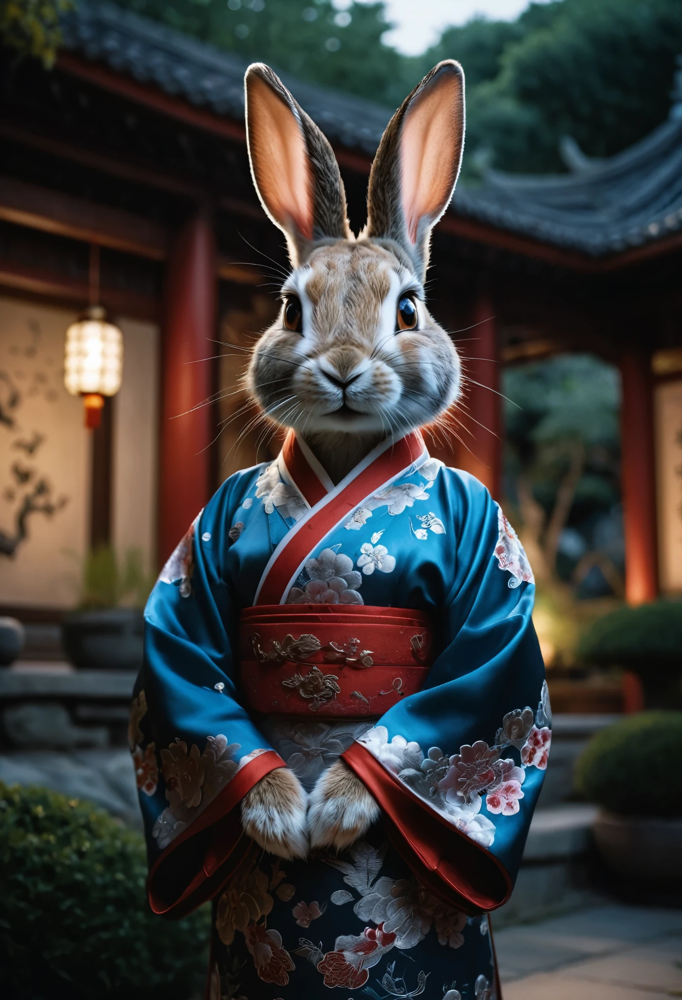 realistic, analog photo, Masterpiece, RAW photo, full-length portrait, hyper realistic, ultra detailed image, detailed portrait of anthropomorphic she-rabbit, she-rabbit wearing traditional Chinese garments clothing, in traditional chinese garden, moonlight, little spotlight, fractal, cover, detailed background, depth of field, HOF, hall of fame, detailed beautiful eyes, detailed beautiful face, natural body posture, lifelike skin texture, kodak portra 400, 16k, ultra detailed, bokeh lighting, dark fantasy atmospheric, fantasy aura, film grain, cinematic light, cinematic composition, depth of field, rim light