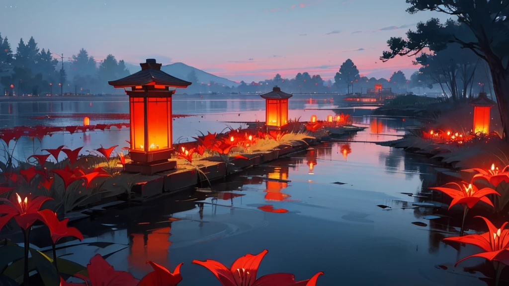make a capo blood red lilies next to a small lake. The night with a sky of clouds red as blood. The lanterns hover above the waters.