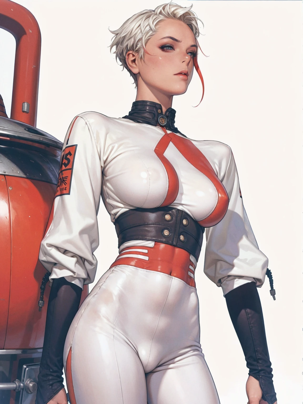 ((Brigitte Nielsen)), (((super short white hair with red streaks))), (best qualityer))), (((manga strokes))), (((wide pants with 2 side stripes))), uma Kizi jovem muito bem vestida com roupas modernas de inverno, top gift vertical stripes, short jacket with dark fur collar, beautiful and expressive face, slightly-smile, big eyes with long black eyelashes, heavy make-up, chains and zippers spread across clothes, contrasting colours, pose de atitude, hair with a modern and futuristic cut, urban game poster art, dramatic camera angles, graffiti art elements in the background, design mixing contemporary and retro by Shepard Fairey, (((cowboy shot))), (((best qualityer: 1.4))), (Unbeatable masterpiece), (hiper HD),(CG 8k hyper-realistic), Kizi, (((standing alone))), pirralha violent, ((())), sexly, pose de atitude, work of art, post-apocalypse, (((manga style))), bounty hunter, violent, Manic, the way you want, slenderbody, thin but strong, perfectbody, roupa moderna, advanced technology, neon, sleeves with vertical striped pattern, neutral background, (( cowboy shot )). intricate visual